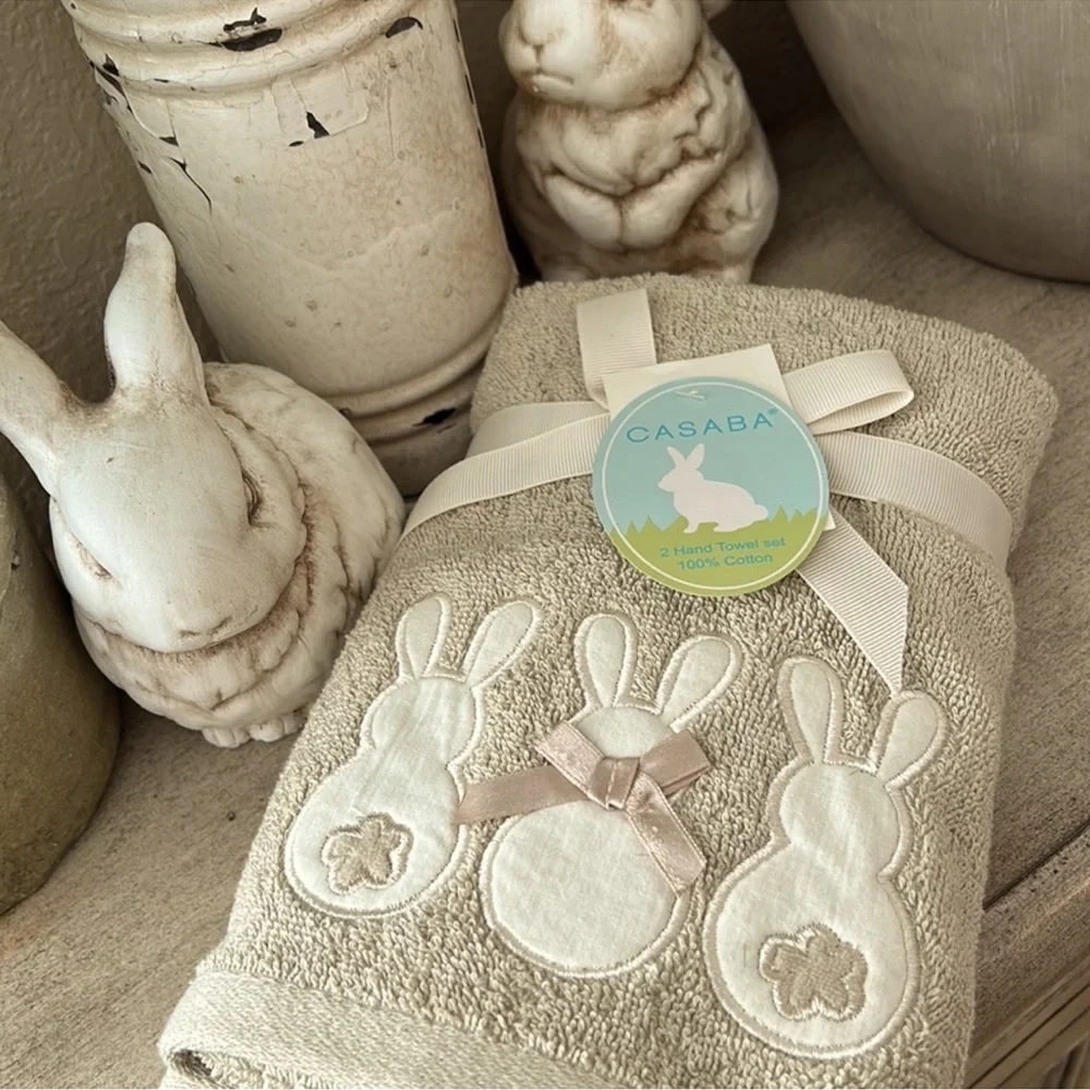 Cottage Farmhouse Boho Easter Spring bunnies beige cotton hand towels
